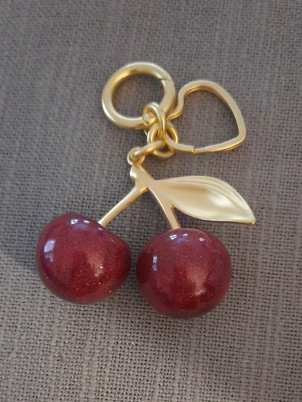 Golden Cherry Keychain with Sparkling Deep Red Cherries